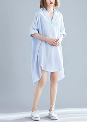 Classy lapel asymmetric linen dress boutique Fashion Ideas blue striped Knee Dresses Summer - SooLinen