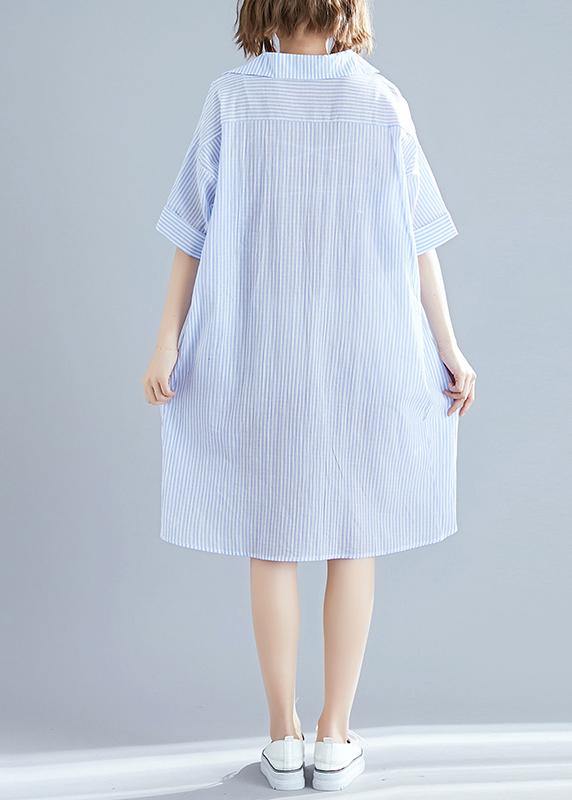 Classy lapel asymmetric linen dress boutique Fashion Ideas blue striped Knee Dresses Summer - SooLinen