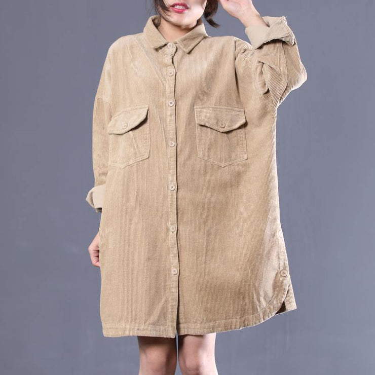 Classy lapel side open Plus Size spring for women khaki loose coats - SooLinen