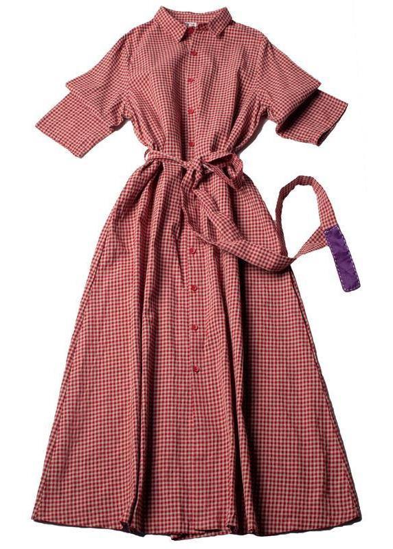 Classy lapel tie waist spring dresses Shape red plaid Dress - SooLinen