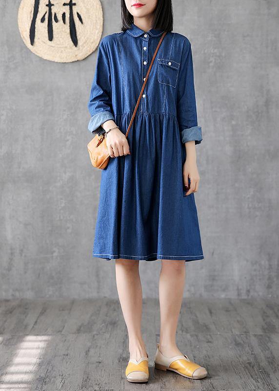 Classy lapel Cinched Cotton quilting clothes Photography denim blue Dress - SooLinen