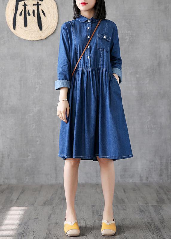 Classy lapel Cinched Cotton quilting clothes Photography denim blue Dress - SooLinen