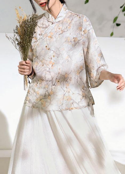 Classy light gray floral  linen Long Shirts flare sleeve silhouette stand collar shirts - SooLinen