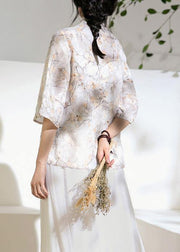 Classy light gray floral  linen Long Shirts flare sleeve silhouette stand collar shirts - SooLinen