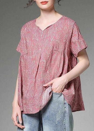 Classy linen clothes For Women Fashion Split Neck red Printed Pleated Short Sleeve T-Shirt - SooLinen