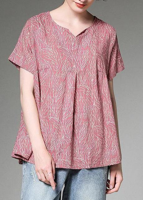Classy linen clothes For Women Fashion Split Neck red Printed Pleated Short Sleeve T-Shirt - SooLinen