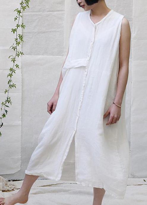Classy linen dress Korea Pure Color Single Breasted Comfortable Sundress - SooLinen