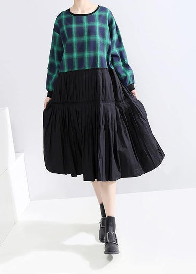 Classy long sleeve cotton clothes Photography green plaid patchwork Plus Size Dresses - SooLinen