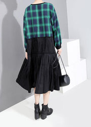 Classy long sleeve cotton clothes Photography green plaid patchwork Plus Size Dresses - SooLinen