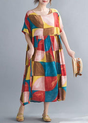 Classy multicolor plaid cotton clothes Women o neck Cinched Kaftan summer Dress - SooLinen