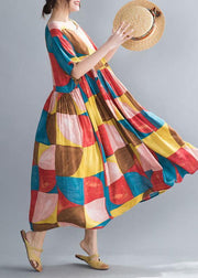 Classy multicolor plaid cotton clothes Women o neck Cinched Kaftan summer Dress - SooLinen