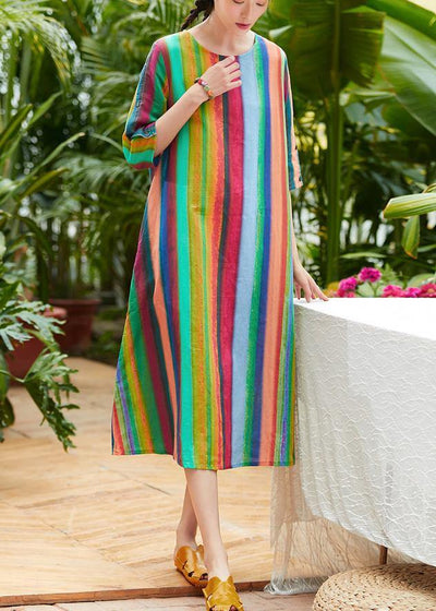 Classy multicolor striped linen clothes For Women o neck pockets summer Dresses - SooLinen
