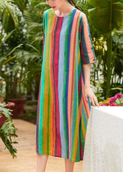 Classy multicolor striped linen clothes For Women o neck pockets summer Dresses - SooLinen