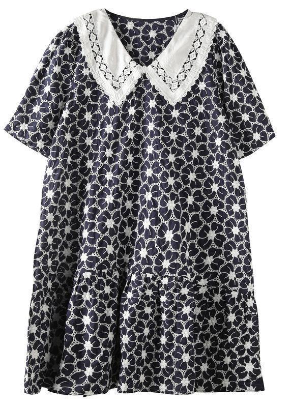 Classy navy print Cotton patchwork short sleeve baggy Dresses - SooLinen
