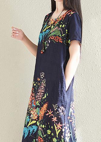 Classy navy prints cotton Tunics short sleeve oversized summer Dresses - SooLinen
