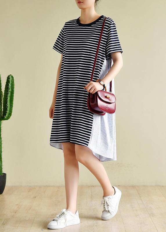 Classy navy striped clothes o neck patchwork baggy Dress - SooLinen