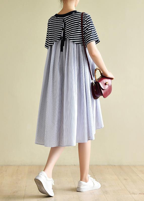 Classy navy striped clothes o neck patchwork baggy Dress - SooLinen