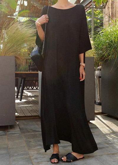 Classy o neck Batwing Sleeve cotton dresses black cotton robes Dresses - SooLinen