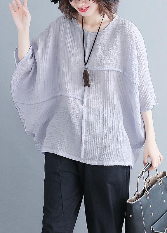 Classy o neck Batwing Sleeve patchwork cotton blended Shirts Women design gray purple baggy tops Summer - SooLinen