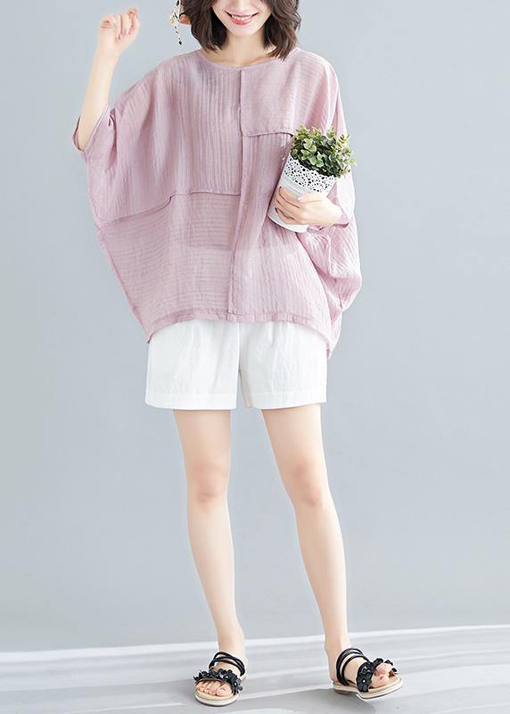 Classy o neck Batwing Sleeve patchwork cotton blended tops women blouses Boho Outfits pink short blouse Summer - SooLinen