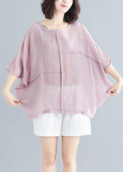 Classy o neck Batwing Sleeve patchwork cotton blended tops women blouses Boho Outfits pink short blouse Summer - SooLinen