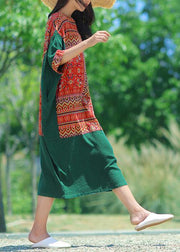 Classy o neck asymmetric cotton quilting dresses Tunic Tops red patchwork blackish green Art Dresses summer - SooLinen