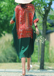 Classy o neck asymmetric cotton quilting dresses Tunic Tops red patchwork blackish green Art Dresses summer - SooLinen