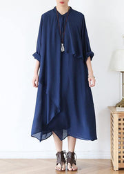 Classy o neck asymmetric fall for women long Sleeve blue long Dresses - SooLinen