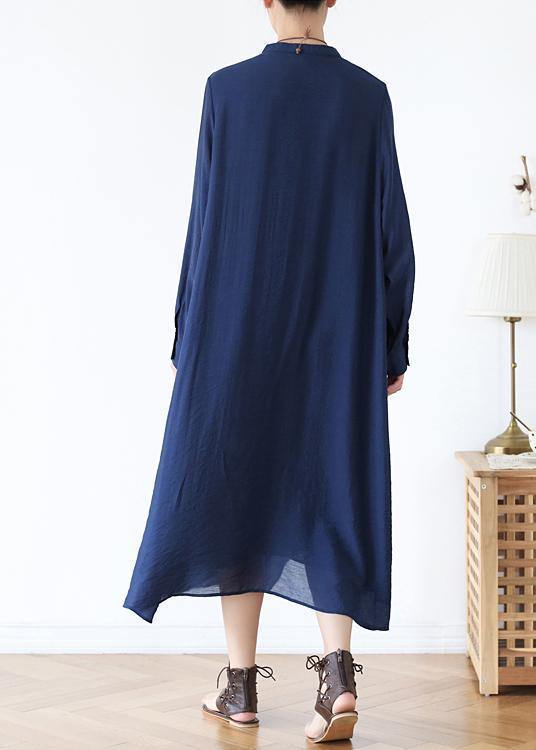 Classy o neck asymmetric fall for women long Sleeve blue long Dresses - SooLinen