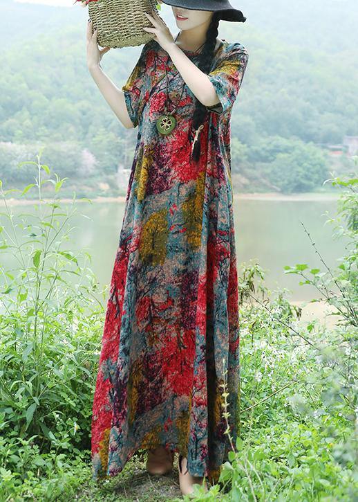 Classy o neck cotton linen Robes Fitted Photography red yellow floral cotton robes Dresses Summer - SooLinen