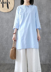 Classy o neck embroidery linen Robes Work light blue Dress - SooLinen