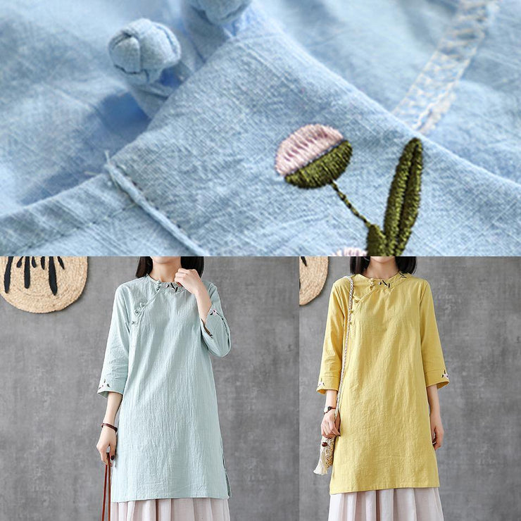 Classy o neck embroidery linen Robes Work light blue Dress - SooLinen
