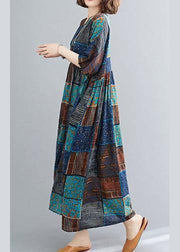 Classy o neck exra large hem cotton linen dresses Runway blue print Dress - SooLinen