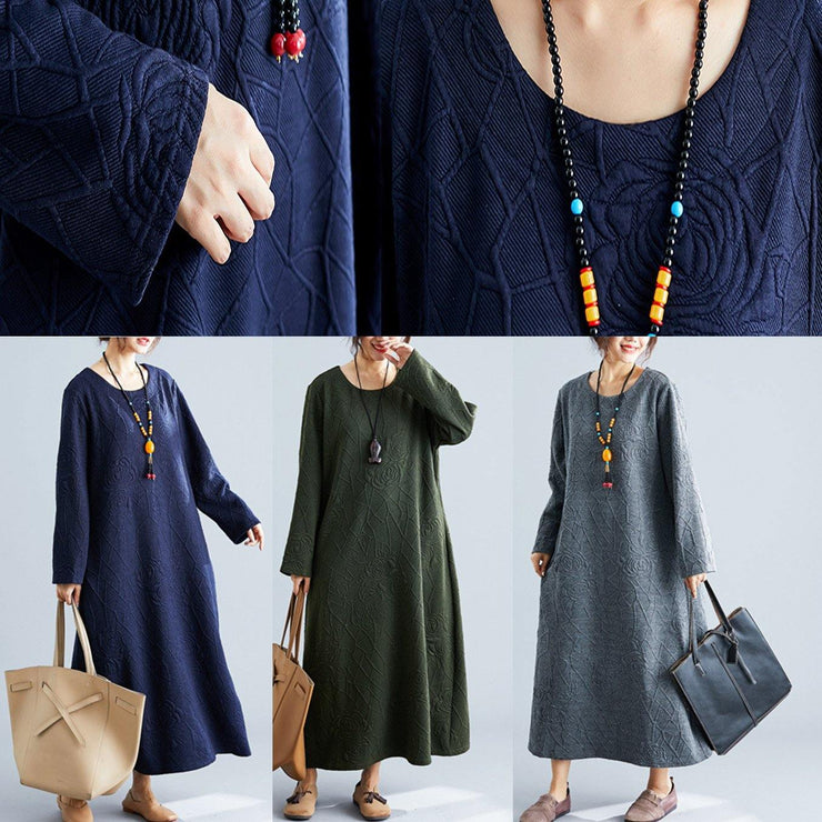 Classy o neck jacquard cotton Wardrobes Tunic navy Traveling Dresses fall - SooLinen