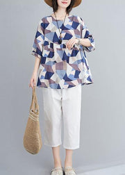 Classy o neck lantern sleeve linen summer tunics for women blue print shirts - SooLinen