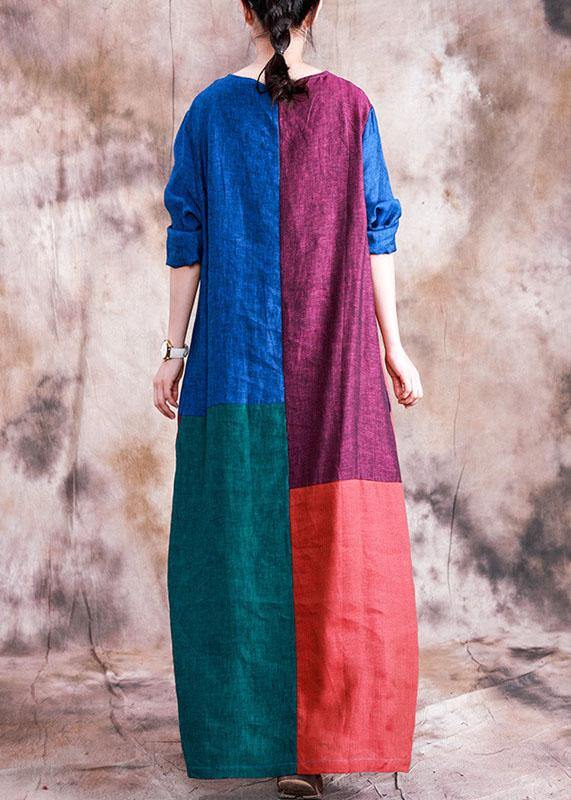 Classy o neck linen dress Wardrobes patchwork color Dress fall - SooLinen