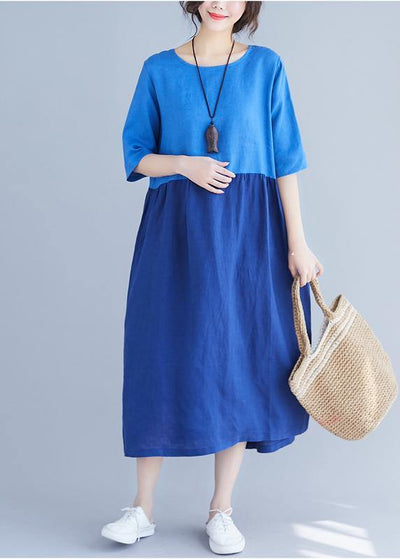 Classy o neck patchwork cotton Wardrobes Work blue loose Dress summer - SooLinen