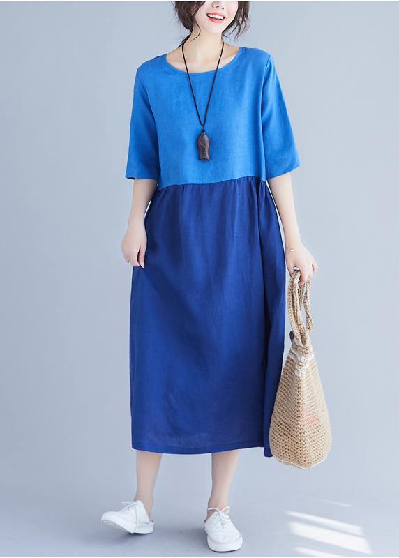 Classy o neck patchwork cotton Wardrobes Work blue loose Dress summer - SooLinen