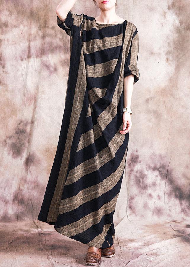 Classy o neck patchwork cotton clothes For Women Catwalk black striped Dresses fall - SooLinen