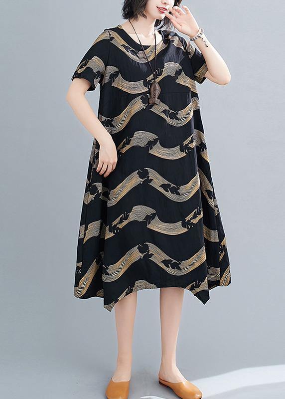 Classy o neck patchwork linen summer Robes Cotton black striped Dresses - SooLinen