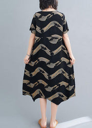 Classy o neck patchwork linen summer Robes Cotton black striped Dresses - SooLinen