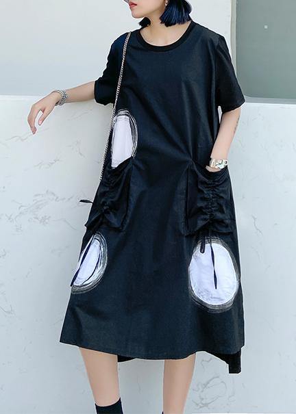 Classy o neck pockets Cotton Tunics Tutorials black dotted Dresses - SooLinen