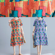 Classy o neck pockets Cotton clothes pattern purple print Dress summer - SooLinen