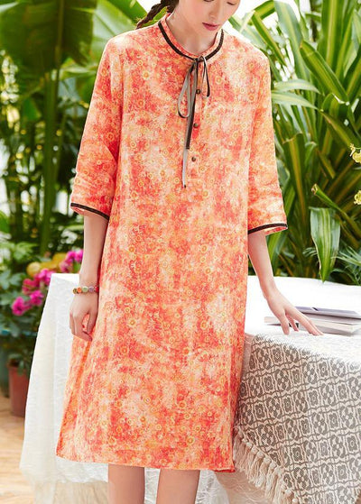 Classy o neck pockets half sleeve linen Wardrobes Sewing orange print Dress summer - SooLinen