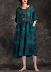 Nobler O-Ausschnitt Cinched Leinenroben plus Größe Fotografie schwarzgrünes langes Kleid Sommer