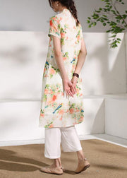 Classy orange floral linen clothes short sleeve Dresses o neck Dress - SooLinen