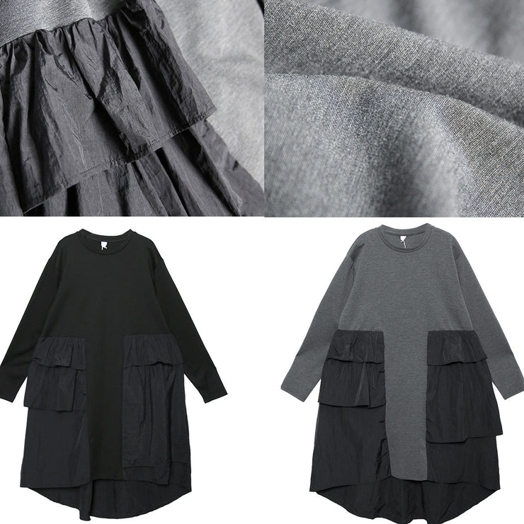 Elegante Patchwork-Baumwollschränke plus Größe Ärmel graues Baggy-Kleid