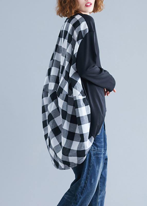 Classy patchwork Plaid low high design cotton for women Inspiration black top fall - SooLinen