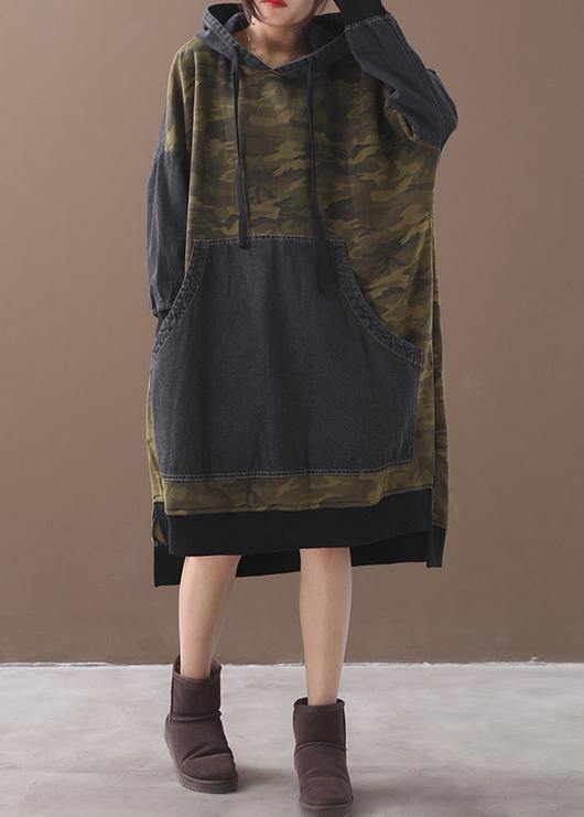 Classy patchwork cotton hooded quilting dresses Shape green Camouflage Plus Size Dresses - SooLinen