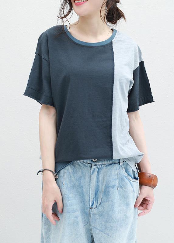 Classy patchwork cotton shirts women short sleeve o neck shirts - SooLinen